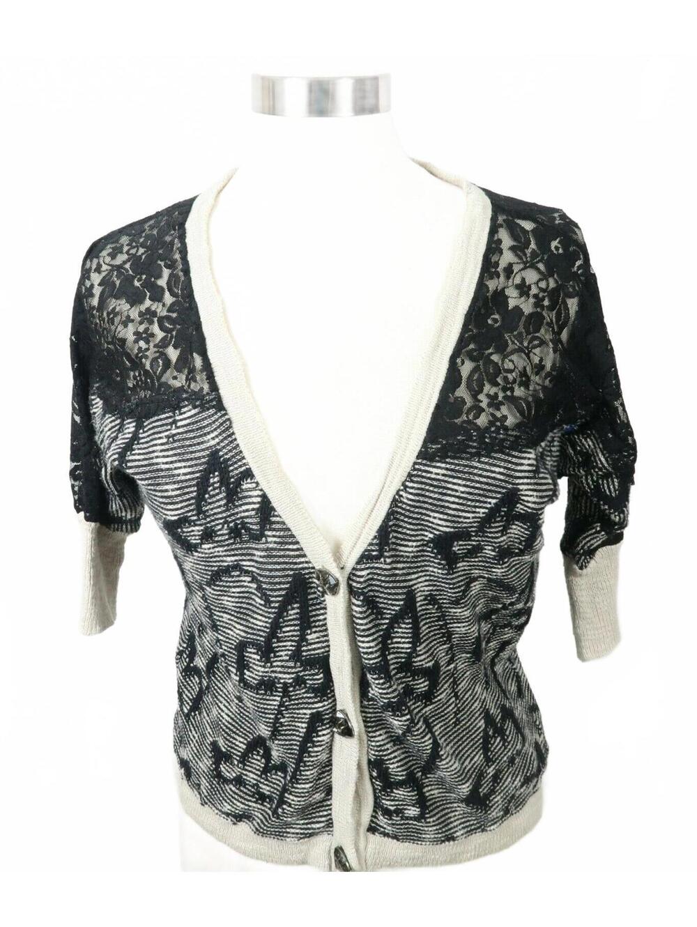 BKE Buckle Womens Cotton Lace 1/2 Sleeve Button Black Beige Cardigan Sweater XS